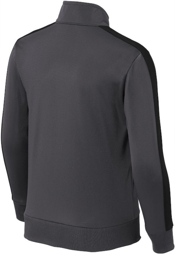 Am image of a Custom SportTek Youth Tricot Track Jacket in Graphite Grey/Black!