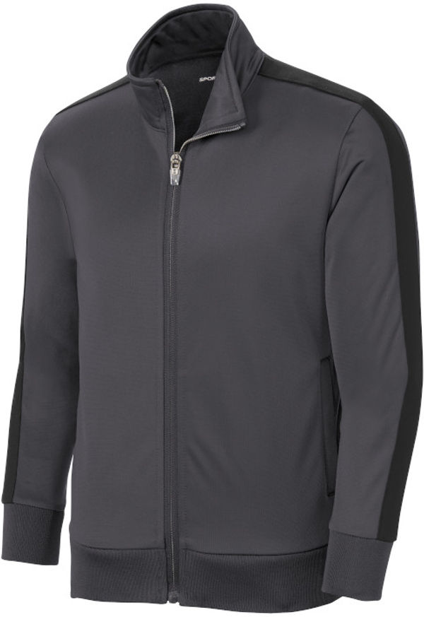 Am image of a Custom SportTek Youth Tricot Track Jacket in Graphite Grey/Black!