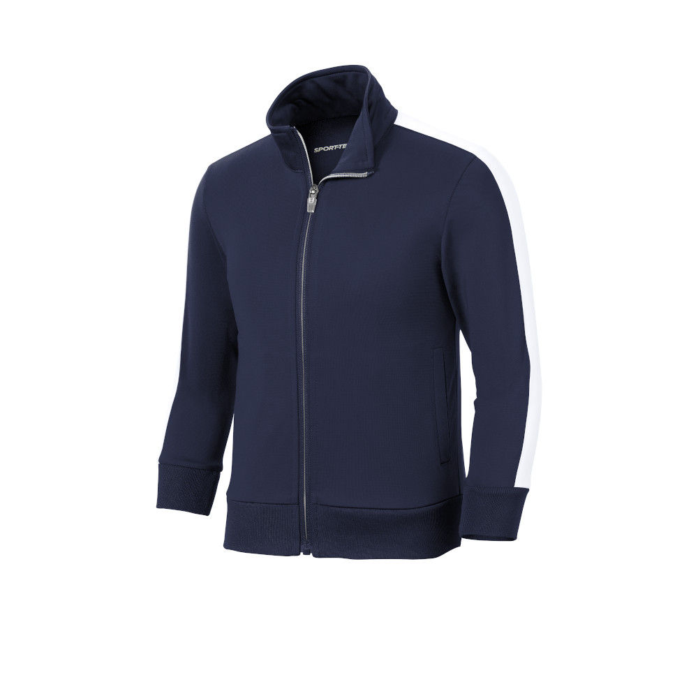 SportTek Youth Tricot Track Jacket in True Navy/White