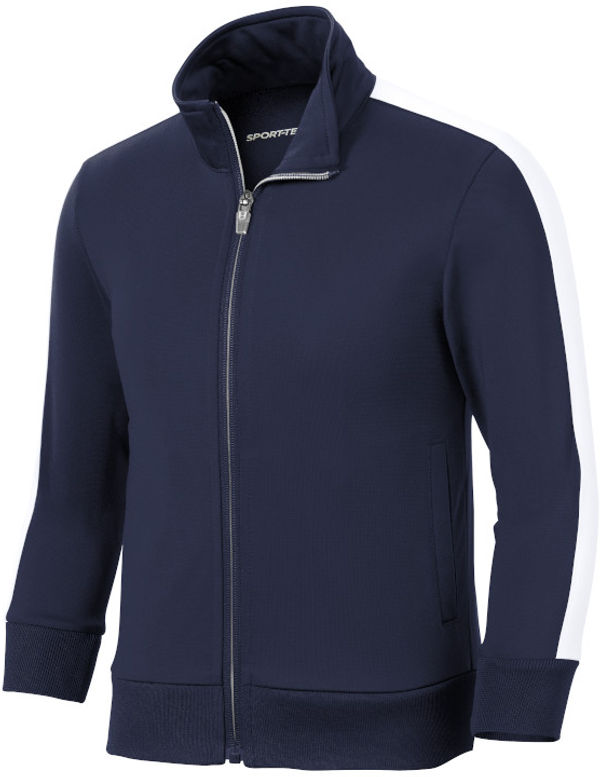 Am image of a Custom SportTek Youth Tricot Track Jacket in True Navy/White!