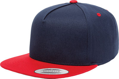 Am image of a Custom Yupoong Classics Flat Bill Cap in Navy/Red!