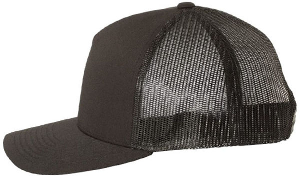 An image of a Custom Yupoong Adult 5 Panel Retro Trucker Cap in Black!