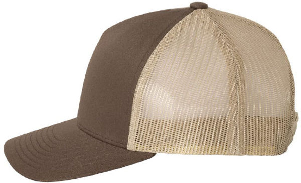 An image of a Custom Yupoong Adult 5 Panel Retro Trucker Cap in Brown/Khaki!