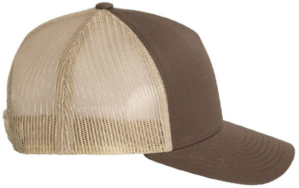 An image of a Custom Yupoong Adult 5 Panel Retro Trucker Cap in Brown/Khaki!