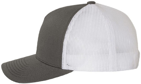 An image of a Custom Yupoong Adult 5 Panel Retro Trucker Cap in Charcoal/White!