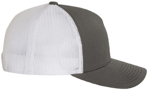 An image of a Custom Yupoong Adult 5 Panel Retro Trucker Cap in Charcoal/White!