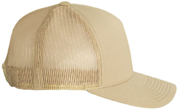 An image of a Custom Yupoong Adult 5 Panel Retro Trucker Cap in Khaki!