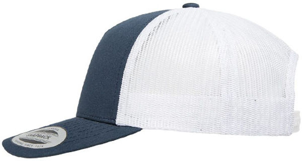An image of a Custom Yupoong Adult 5 Panel Retro Trucker Cap in Navy/White!