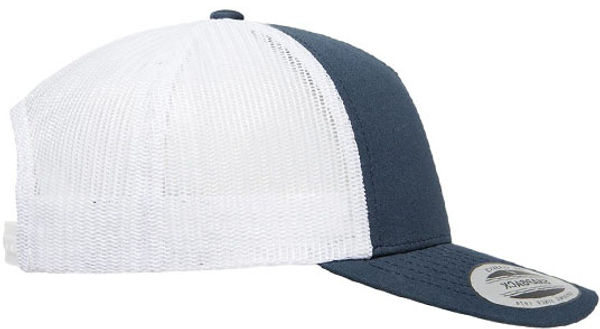 An image of a Custom Yupoong Adult 5 Panel Retro Trucker Cap in Navy/White!