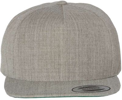 Am image of a Custom Yupoong Adult Premium 5 Panel Snapback Cap in Heather Grey!