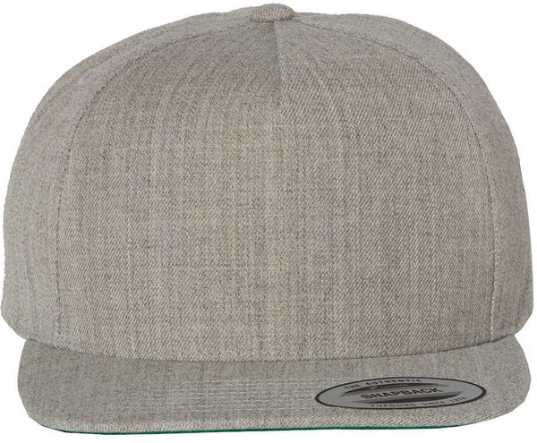 An image of a Custom Yupoong Adult Premium 5 Panel Snapback Cap in Heather Grey!