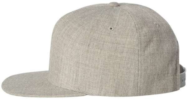 An image of a Custom Yupoong Adult Premium 5 Panel Snapback Cap in Heather Grey!