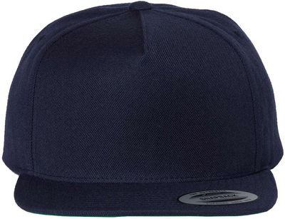 Am image of a Custom Yupoong Adult Premium 5 Panel Snapback Cap in Navy!