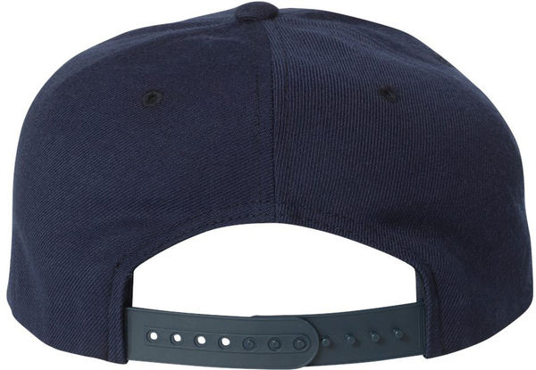 An image of a Custom Yupoong Adult Premium 5 Panel Snapback Cap in Navy!