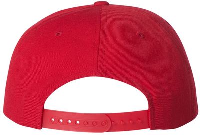 Am image of a Custom Yupoong Adult Premium 5 Panel Snapback Cap in Red!