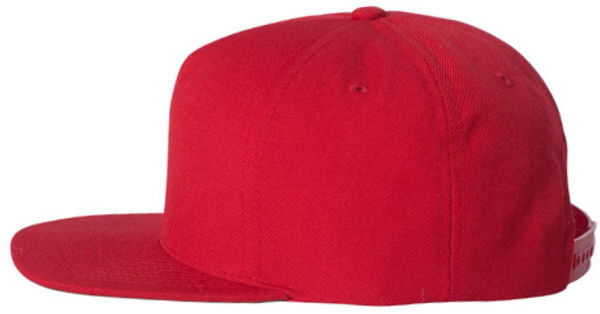 An image of a Custom Yupoong Adult Premium 5 Panel Snapback Cap in Red!