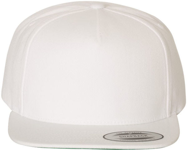 An image of a Custom Yupoong Adult Premium 5 Panel Snapback Cap in White!