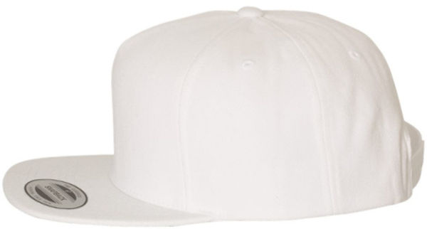 An image of a Custom Yupoong Adult Premium 5 Panel Snapback Cap in White!