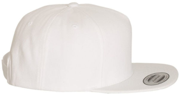 An image of a Custom Yupoong Adult Premium 5 Panel Snapback Cap in White!