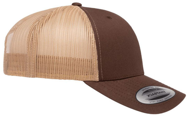 An image of a Custom Yupoong Adult Retro Trucker Cap in Brown/Khaki!