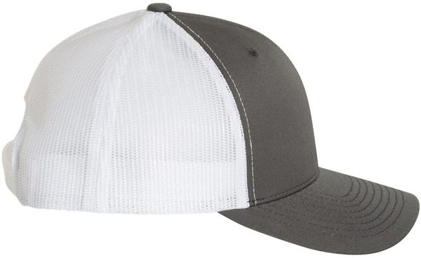 An image of a Custom Yupoong Adult Retro Trucker Cap in Charchoal/White!