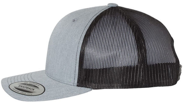An image of a Custom Yupoong Adult Retro Trucker Cap in Heather Gray/Black!