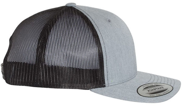 An image of a Custom Yupoong Adult Retro Trucker Cap in Heather Gray/Black!