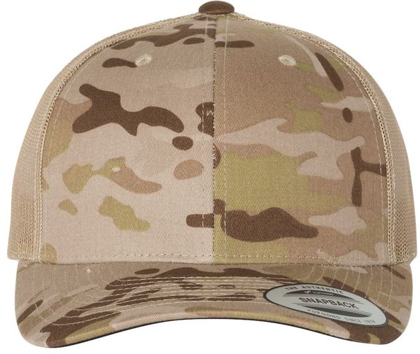 An image of a Custom Yupoong Adult Retro Trucker Cap in Multicam Arid/ Tan!
