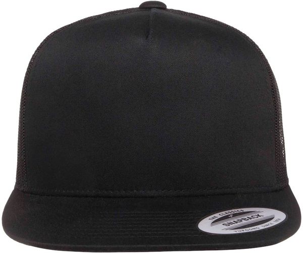Am image of a Custom Yupoong Five Panel Classic Trucker Cap in Black!