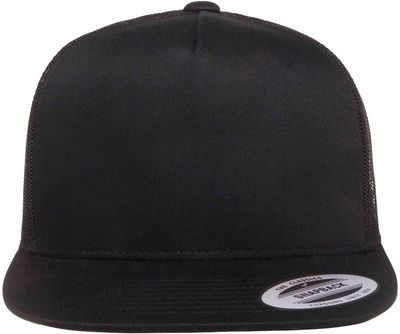 Am image of a Custom Yupoong Five Panel Classic Trucker Cap in Black!