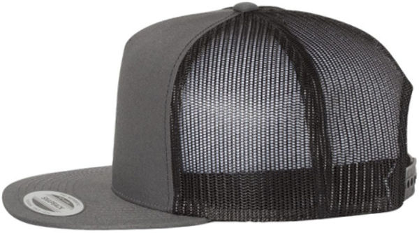 An image of a Custom Yupoong Five Panel Classic Trucker Cap in Charcoal / Black!