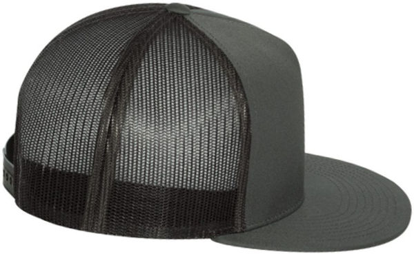An image of a Custom Yupoong Five Panel Classic Trucker Cap in Charcoal / Black!