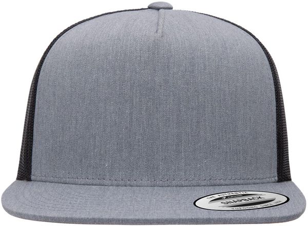 An image of a Custom Yupoong Five Panel Classic Trucker Cap in Heather/Black!