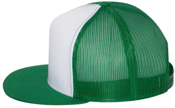 An image of a Custom Yupoong Five Panel Classic Trucker Cap in Kelly/White/Kelly!
