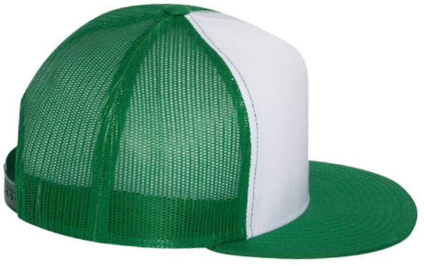 An image of a Custom Yupoong Five Panel Classic Trucker Cap in Kelly/White/Kelly!