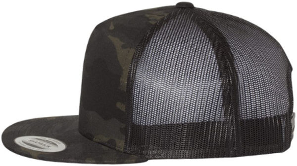 An image of a Custom Yupoong Five Panel Classic Trucker Cap in Multicam Black/Black!