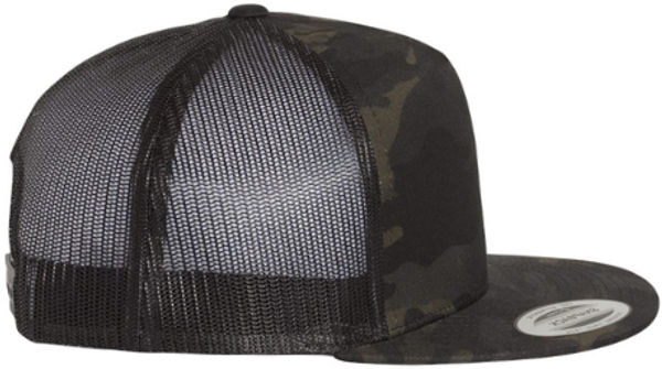 An image of a Custom Yupoong Five Panel Classic Trucker Cap in Multicam Black/Black!