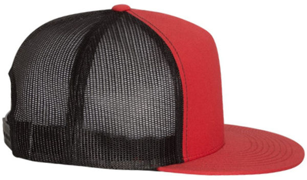 An image of a Custom Yupoong Five Panel Classic Trucker Cap in Red/Black!