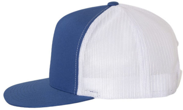 An image of a Custom Yupoong Five Panel Classic Trucker Cap in Royal/White!