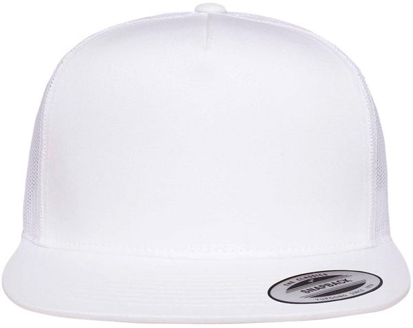 Am image of a Custom Yupoong Five Panel Classic Trucker Cap in White!