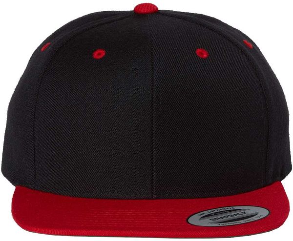 An image of a Custom Yupoong Flat Bill Snapback Cap in Black/ Red!