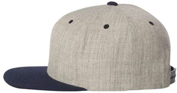 An image of a Custom Yupoong Flat Bill Snapback Cap in Heather Grey/Navy!