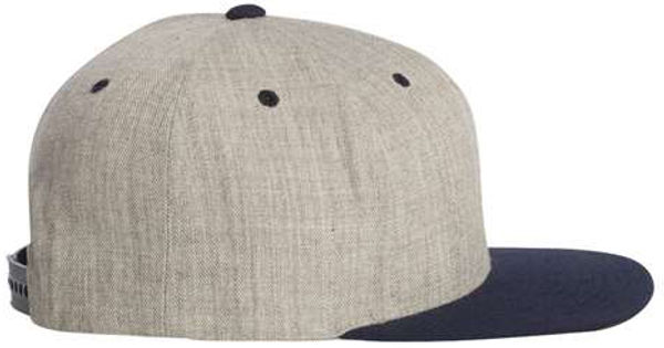 An image of a Custom Yupoong Flat Bill Snapback Cap in Heather Grey/Navy!