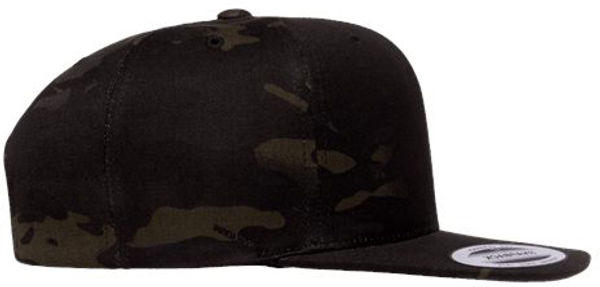 An image of a Custom Yupoong Flat Bill Snapback Cap in Multicamo Black!