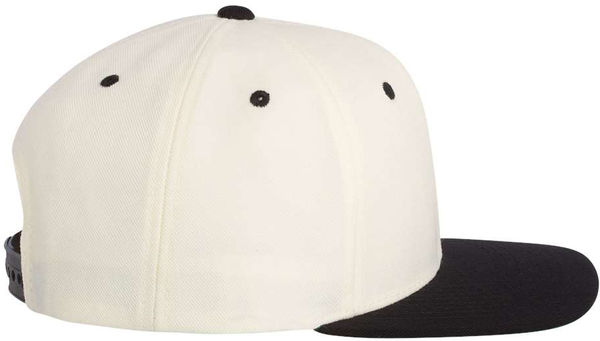 An image of a Custom Yupoong Flat Bill Snapback Cap in Natural/ Black!
