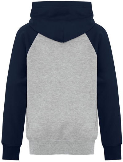 Am image of a Custom ATC Everyday Fleece Two Tone Hooded Youth Sweatshirt in Athletic Heather/Navy!