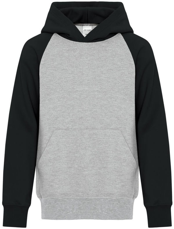 Am image of a Custom ATC Everyday Fleece Two Tone Hooded Youth Sweatshirt in Athletic Heather/Black!
