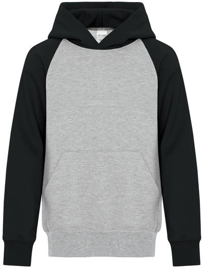 Am image of a Custom ATC Everyday Fleece Two Tone Hooded Youth Sweatshirt in Athletic Heather/Black!
