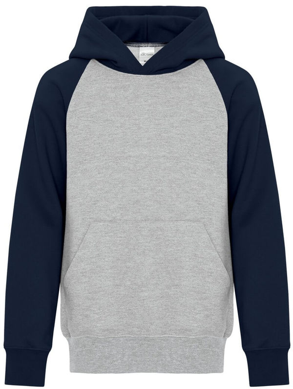 Am image of a Custom ATC Everyday Fleece Two Tone Hooded Youth Sweatshirt in Athletic Heather/Navy!