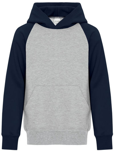 Am image of a Custom ATC Everyday Fleece Two Tone Hooded Youth Sweatshirt in Athletic Heather/Navy!